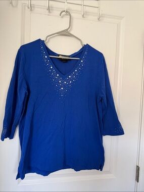 Christine Alexander Cobalt Blue V-Neck Long Sleeve Top with Rhinestone Accents